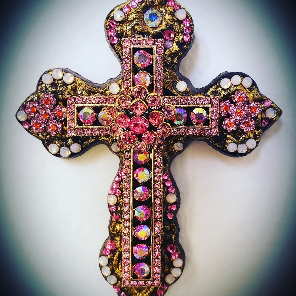 Pretty pink wall cross one-of-a-kind Swarovski crystals handmade